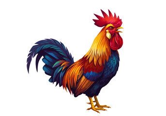 Fototapeta premium Majestic crowing rooster with a vibrant red comb and colorful plumage in a stylized illustration.