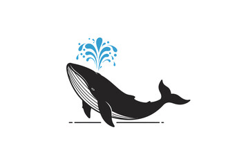 Minimalist black whale icon with ventral pleats, spouting a decorative blue water fountain. © Asep