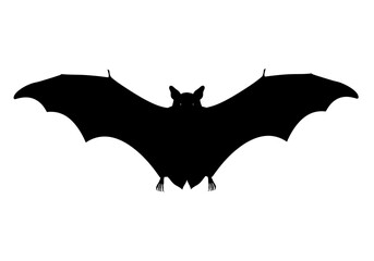 Symmetrical black silhouette of a flying bat with fully spread wings and pointed ears.