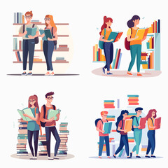 Obraz premium Four distinct scenes of young adults surrounded by bookshelves, immersed in the act of reading, illustrating a library setting with diverse individuals.