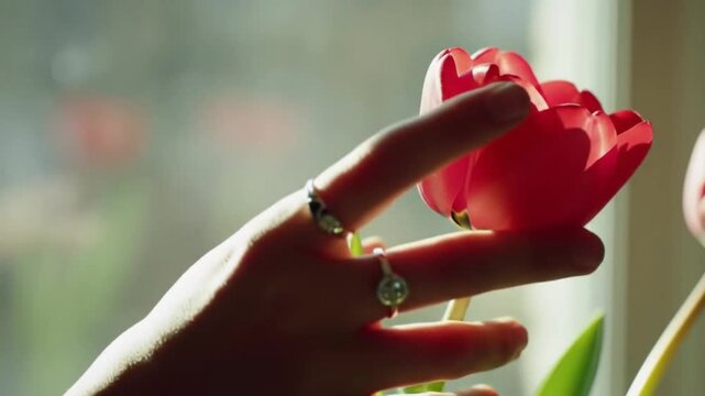 A woman’s hand caressing the petals of a tulip, bright morning light shining through a window, soft focus and pastel tones