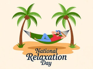 Person relaxing in hammock between palm trees on sandy beach celebrating national relaxation day
