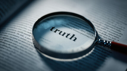 Magnifying glass enlarging single word "truth" in a book