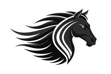 Fototapeta premium Sleek Black Horse Head Logo with Flowing Mane on White Background Design