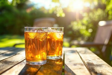 Cool drinks on rustic table with sunlight flare