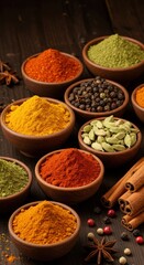 Fototapeta premium Various spices in wooden bowls arranged on a dark wooden surface with cinnamon and star anise pods