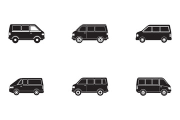 Obraz premium Collection of black van and minibus silhouettes ideal for transportation company logos or automotive design with clean vector graphics
