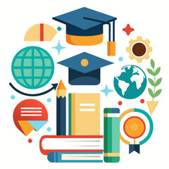 Education and learning symbols collage with graduation caps and globes