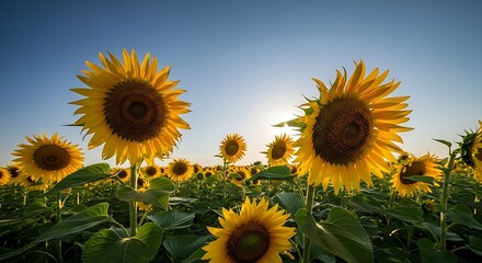 Obraz premium Vibrant Sunflower Field at Sunset Nature Photography