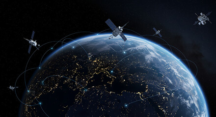 Earth with multiple satellites in orbit, showing global connectivity.