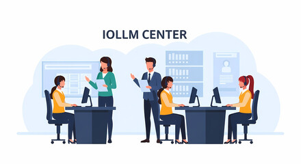 A professional team of employees collaborates in a modern, organized office environment, managing data and providing efficient customer service.