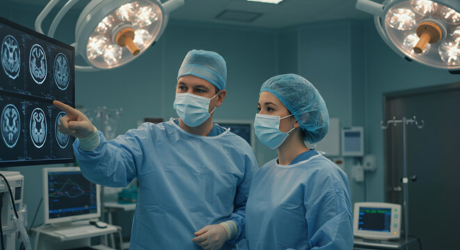 Surgeons in sterile scrubs and masks examine brain scans on a large monitor in a brightly lit operating room. - Powered by Adobe