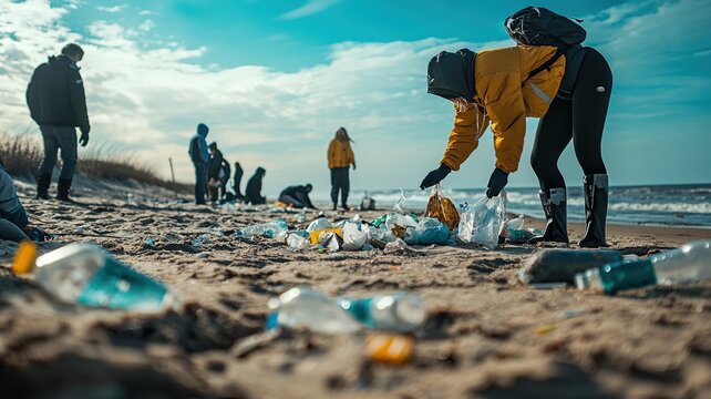 Group of people removing trash from sandy coastline