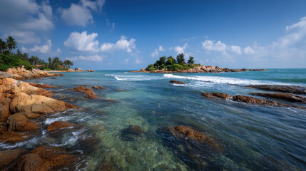 Obraz premium tranquil summer landscape highlighting solitary rock on horizon with serene coastline