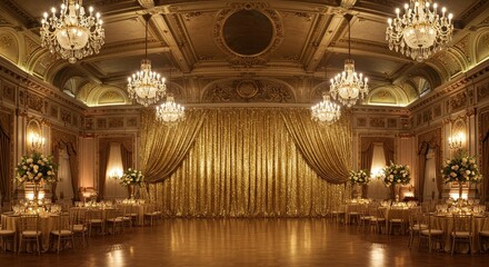 Obraz premium Opulent ballroom adorned with crystal chandeliers and shimmering golden drapes showcases lavish