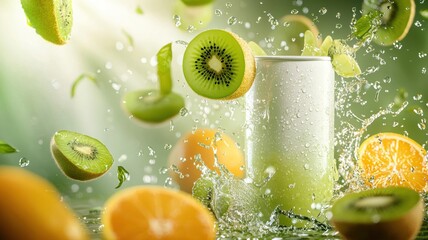 Dynamic fruit splash around blank can on green backdrop