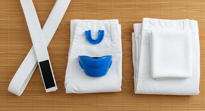 White karate gi and blue mouthguard gear set on bamboo mat, ready for martial arts or self-defense training.