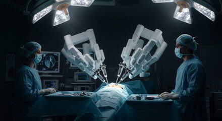 Two surgeons overseeing a sophisticated robotic surgical system performing a delicate medical procedure on a patient in a sterile operating room.