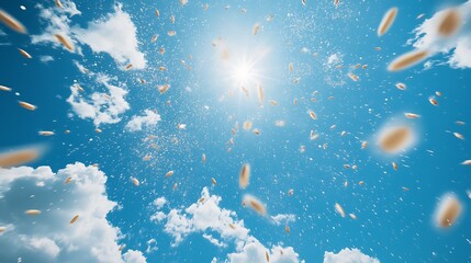 Golden feathers falling through a sunlit blue sky. A serene and ethereal concept of freedom and release.
