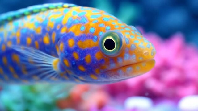 Colorful marine fish closeup swims in a coral reef with vibrant underwater life.