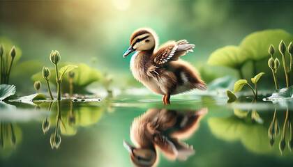 A serene nature scene featuring a juvenile duck standing upright in calm green water