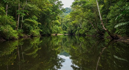 Fototapeta premium Reflections in the Serene River of Daintree Rainforest with Lush Greenery