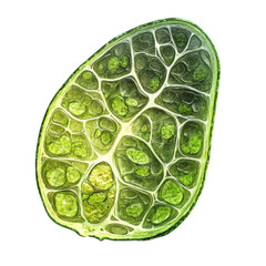 Green Cellular Structure with Internal Compartments, Representing Biological Complexity and Microscopic Life, Ideal for Scientific Visualization on transparent background