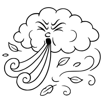 Isolated black-and-white cartoon cloud blowing wind with swirling autumn leaves. Minimalist line art illustration symbolizing seasonal weather and atmospheric motion