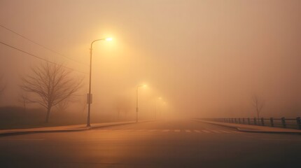 Eerie Foggy City Street at Night with Street Lights Illuminating the Mist