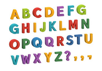 Colorful alphabet letters and punctuation isolated on transparent background