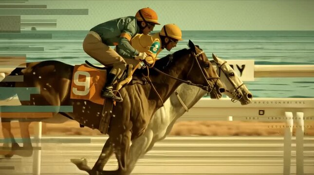 Two jockeys racing on horse number "9" in white, with red and green caps, riding the same race in Japan. The black-haired man is wearing a yellow helmet while jumping over other horses to win against 