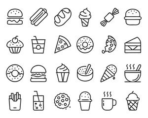 A collection of stylized line art icons representing food and beverage items for restaurant and fast food establishments isolated on transparent background