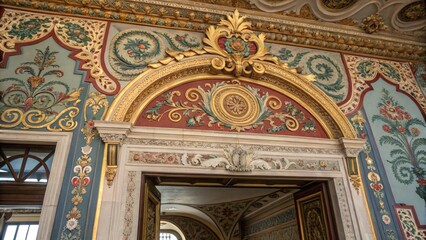 Ornate Gilded Doorway with Baroque Floral Wall Decor, Luxurious Interior Detail, Elegant Palace Architecture.
