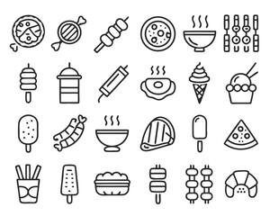 Collection of street food vendor and market stall graphic symbols representing various culinary offerings isolated on transparent background