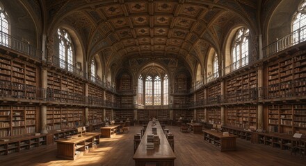 Architectural marvel: A grand library with ornate ceilings and towering bookshelves