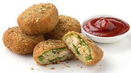 Golden brown fried appetizers stuffed with savory filling served with ketchup