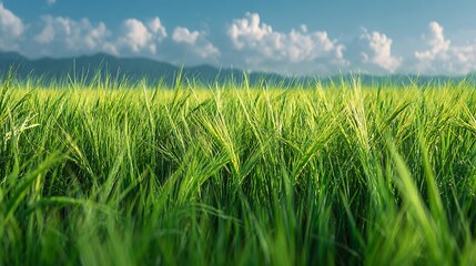 A picturesque landscape of a lush green wheat field under a bright blue sky with fluffy clouds and distant mountains.