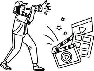Film Director with Megaphone and Clapperboard Black and White Line Art Illustration for Motion Picture Production Concept