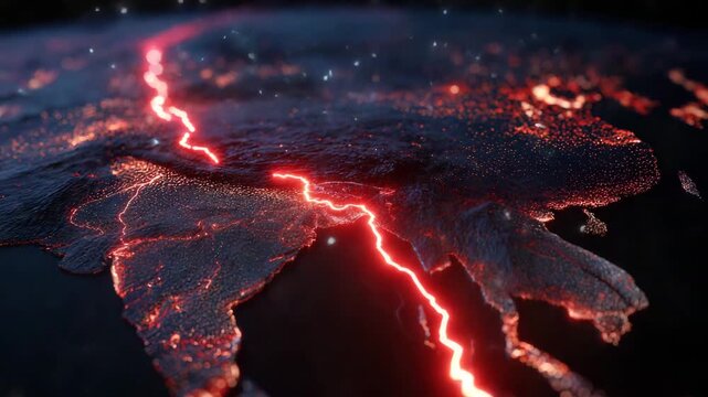 Close up of a planet with a large crack in it. red and orange sparks. Conceptual design of India China border map split by glowing red fault line, symbolic tension, dark dramatic lighting