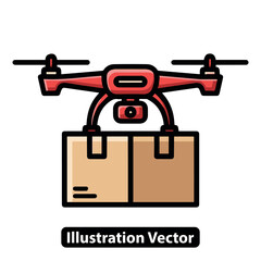 Quadcopter drone carrying a package, modern logistics and air shipping concept