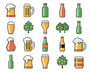 Charming hand drawn beer doodle icons featuring pints mugs hops and bottles isolated on transparent background