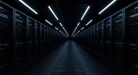 Obraz premium A long, dark corridor in a futuristic data center with rows of server racks illuminated by overhead lights.