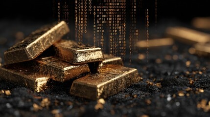 Visual Representation of Gold Bars With Binary Code Stream Symbolizing Digital Currency Transformation