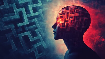 Profile of person with a head filled with glowing mazes, surrounded by intricate patterns