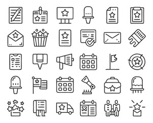 A comprehensive collection of voting symbols featuring a hand casting a ballot into a box and other related election elements isolated on transparent background