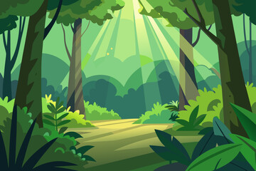 Fototapeta premium Sunbeams illuminating a lush green forest path