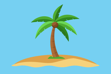 A solitary palm tree stands on a sandy island in the ocean