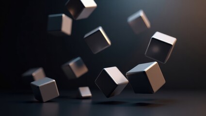 Abstract Metal Cubes Floating and Falling in a Dark Studio Setting