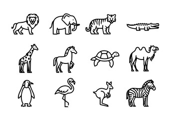 Wildlife Animal Vector Icon Set | Adjustable Line Weight | Lion, Elephant, Tiger, Giraffe, Horse, Turtle, Penguin, Kangaroo Icons