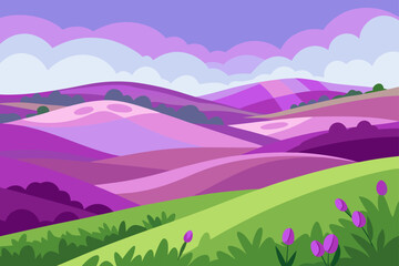 Fototapeta premium Vibrant purple hills and green fields with tulips
